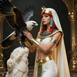 red - haired final fantasy white marble egyptian nun caressing her hawk, warframe armor, regal, attractive, ornate, sultry, sexy, beautiful, elize theron, pretty face, green eyes, scifi platform, 4 k, ultra realistic, epic lighting, illuminated, cinematic, black gold, art by alexandra petruk, voidstar