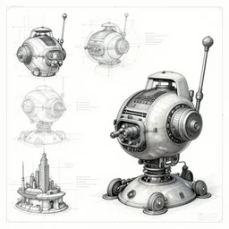a full page concept designs of a metropolis 1950s robotic device, steampunk blueprint, intricate details, ink on paper, scientific, Highly detailed labeled, poster, peter mohrbacher 8k