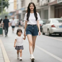 tall girl walking with a short girl on a street