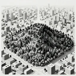 A forested hill surrounded by a city, isometric view, engraving, black and white