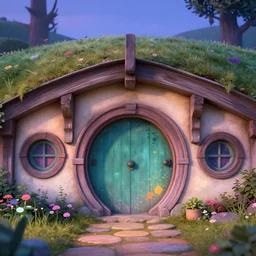 architecture of hobbiton house with highly intricate door, small garden, evening, pixiv fanbox, dramatic lighting, maximalist pastel color palette, splatter paint, pixar and disney concept, graphic novel by fiona staples and dustin nguyen, peter elson alan bean wangechi mutu, clean cel shaded vector art, trending on artstation