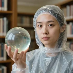 a color photograph, closeup portrait of a woman wrapped in plastic, standing next to a bismuth orb, in a library, color photograph, by vincent desiderio, canon eos c 3 0 0, ƒ 1. 8, 3 5 mm, 8 k, medium - format print