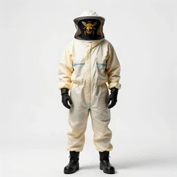 masked beekeeper in protective suit, photorealistic portrait photography, full body, standing, isolated on a pure white background, centered, whole figure in frame, sharp focus, studio lighting