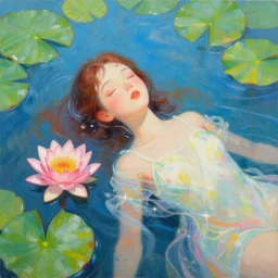 girl floating in water, with waterlily flower, bright colours, painting, detailed, magical environment, peaceful, beautiful, artwork