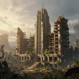 a beautiful hyperdetailed rendering of city unfinished building building hall by frederic edwin church, morning sun wilderness azeroth bioshock extraterrestial reclaimed by nature at dusk lightpaint, archdaily, wallpaper, highly detailed, trending on artstation.