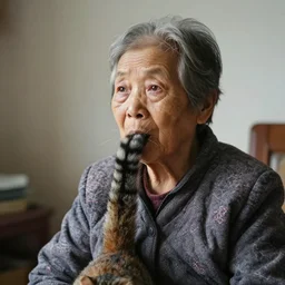 an old woman who has a cats tail sticking out of her mouth.