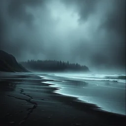 grunge painting of a beach landscape. in the distance, there is a forest. by bob ross, grim, gothic, ominous, haunting, foggy background, immaculate scale, hyper - realistic, detailed, atmospheric, immaculate