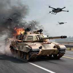 A M1A1 Abrams MBT smoldering in the middle of a highway as advanced combat drones fight in the sky above, DARPA illustration, 8k, futuristic, combat photography