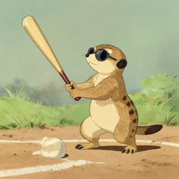 by richard scarry. a meerkat playing baseball. a 1 9 5 0 s retro illustration. studio ghibli. muted colors, detailed