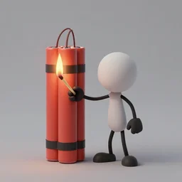 a cartoon stick of dynamite character lighting himself with a match