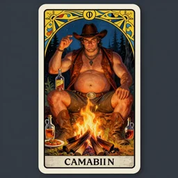 a dramatic, ethereal painting of a handsome thicc shirtless mischievous cowboy with a beer belly wearing a leather vest sitting behind a campfire at night with food and jugs of whisky | tarot!! card, art deco, art nouveau | by Mark Maggiori | trending on artstation