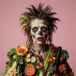 hyper-detailed portrait of a zombie punk made out of fruits, vegetables and flowers in the Baroque style of Arcimboldo, cinematic lighting, dull pink background