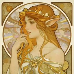 A female Sindarin elf in the style of Alphonse Mucha