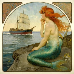 a mermaid gazing wistfully at a passing ship. Alphonse Mucha. Greg Rutkowski. Repin. Masterpiece. Rule of thirds.