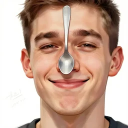 portrait of a finnish young man with a spoon on top of his nose, big grin mouth barely closed, wrinkled eyes, wise forehead, big lips, sharp portruding chin, short youthful hair, white background with notes, youthful colours, thin sharp lines, digital painting, artstation, matte, sharp focus, illustration, realistic anime artstyle