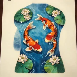 Full body tattoo, ink, koi pond, blue water, koi swimming, water lilies, lily pads, rain drops, water ripples, overhead view, studio ghibli style