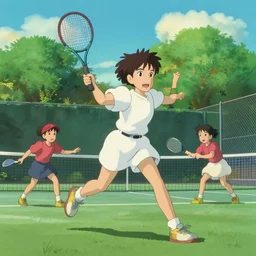 digital art of kids playing tennis by studio ghibli