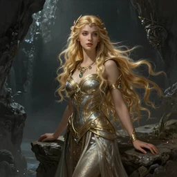 A beautiful Norse Goddess with long flowing blonde hair on a ledge od deep abyss fantasy, intricate, elegant, highly detailed, D&D, digital painting, artstation, concept art, matte painting, sharp focus, illustration, extremely moody lighting, glowing light and shadow, atmospheric, shadowy, cinematic, in the style of Greg Rutkowski and  artemisia gentileschi and Alphonse Mucha
