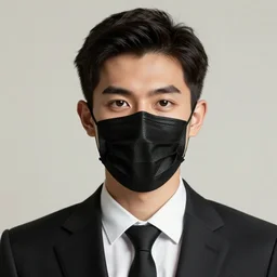 portrait of young man wearing black medical mask, suit and tie, style of guido crepax
