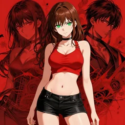 sexy girl with brown hair and green eyes, wearing shorts, red and black color palette, in the style of and ilya kuvshinov and greg rutkowski, high quality anime artstyle, intricate