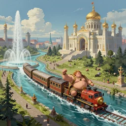 Fat warrior in a fantasy city with a train that rides inside of a waterway, next to a fountain and a mystical palace.  By Konstantin Razumov, highly detailed