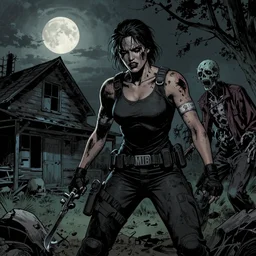 An dramatic,  inked comic-book style image of an badass, injured MIB agent encountering an zombie for the first time in a abandoned farmhouse at night, with the moon out, detailed, ominous