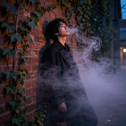lean man made of swirling smoke and tendrils of fog leans against a brick wall covered in ivy, twilight colors, cinematic