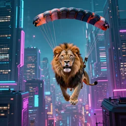 high quality photo of a Lion parachuting in a cyberpunk cyberpunk cyberpunk city, neon lights, realism, 8k, award winning photo, no water