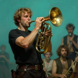 tuba player, turquoise background in the style of wayne barlowe, gustav moreau, goward, bussiere, roberto ferri, santiago caruso, luis ricardo falero, austin osman spare