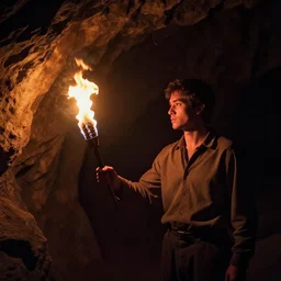 one man with torch bringing fire into cave in darkness