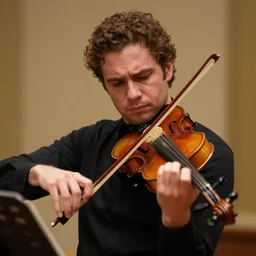 A realistic violonist playing, realistic, detailled, emotional.