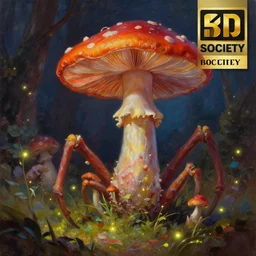 a creature that is half human half mushroom with long arms and long legs, fireflies, vivid colours, ultra realistic, beautiful realistic oil painting, detailed matte painting, cg society contest winner, behance contest winner, artstation, 4 k uhd art, unreal engine 5