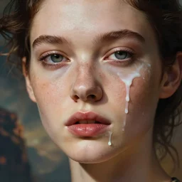stunningly beautiful model with white glue dripping down cheek and lips, closeup portrait, dramatic light, epic background, 2 0 0 mm focal length, painted by stanley lau, painted by greg rutkowski, painted by stanley artgerm, high detail, real life skin, freckles, 8 k, stunning detail, works by artgerm, greg rutkowski and alphonse mucha, unreal engine 5, 4 k uhd, digital art, trending on artstation