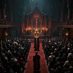 Satanic mega-church temple auditorium, crowd of thousands of worshippers, eerie lighting, unholy ceremony, sacrilegious rite, infernal, demonic, hellish, Realism, 4k, 8mm