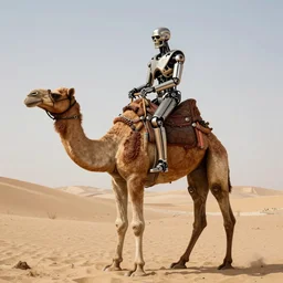 terminator riding a robot camel, 4 k, hyperdetailed photorealism