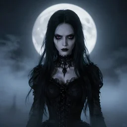 full shot portrait of angry darkness anime girl at moonlight, gothic wearing, worrying eyes, by Tim Burton, Giger, detailed, unreal engine 4k volumetric light, dense fog,
