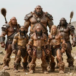 hyper realistic group vintage photograph of an orc warrior tribe, tall, muscular, hulk like physique, tribal paint, tribal armor, grain, old