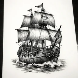 A realism black and white tattoo design sketch of a pirate ship, highly detailed tattoo, shaded tattoo, hyper realistic tattoo