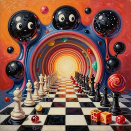 an extremely high quality hd surrealism warm painting of 4 d perspective neon complimentary - colors cartoon surrealism melting sculpture composition of zaha hadid biological anatomical blackballs candy illusion by a much more skilled version of kandinskypicasso and salvia dali the fourth, salvador dali's much much much much more talented painter cousin, 8 k, ultra realistic, chess, tunnels, licorice allsort cubes, candy