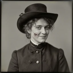 a late 1 9 th century, thirtysomethins years old, austro - hungarian woman ( with termed kyphosis, with wart, messy, brown hair, [ [ large black hat ] ], bun, looks like cate blanchett with a [ [ amused, cunning smile ] ] ), daguerreotype by emil rabending