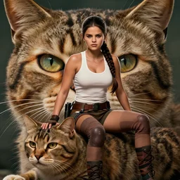 A badass photo of tough looking Selena Gomez as a muscled Lara Croft sitting on her large giant cat beast, award winning photography, perfect faces, cinematic, 50 mm, trending on Twitter