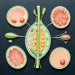 flat lay, knolling of the parts of a plant cell.