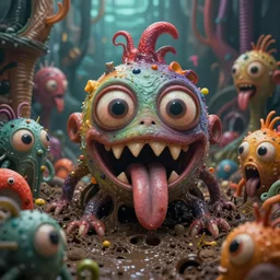 intricate colorful sewer gloom with strange cute friendly crazy creatures with huge beautiful eyes, long tongue, triangular crooked teeth and a scary face emerging from the mud, in the style of craola, shallow depth of field, highly detailed, digital painting, trending artstation, concept art, illustration, cinematic lighting, vibrant colors, photorealism, epic, octane render