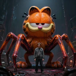 a giant evil garfield with evil red eyes, sharp teeth and spider legs, lovecraftian horror by greg rutkowski, stanley artgerm lau and jason chan, highly detailed, cinematic lighting, octane render, unreal engine lumen, very coherent. cinematic, hyper realism, high detail, octane render, 8 k