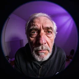 a photo of an old man in purple god rays looking sad with a zoomed in fish eye, ultra wide lens, photorealistic, 4 k, 8 k, ultra hd.