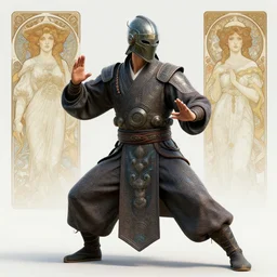 character sheet for a scifi monk with helmet, tai chi, martial arts robe, intricate digital painting artstation concept art smooth sharp focus illustration, art by artgerm and paul chadeisson and greg rutkowski and alphonse mucha, octane, 3 d render