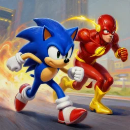 The Flash meets Sonic the Hedgehog. Sonic racing against The Flash. Trending on ArtStation. A vibrant digital oil painting. A highly detailed fantasy character illustration by Wayne Reynolds and Charles Monet and Gustave Dore and Carl Critchlow and Bram Sels.