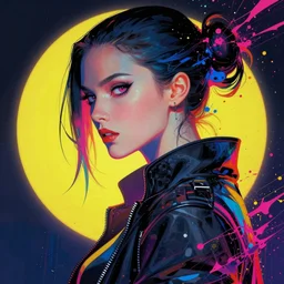 cyberpunk goddess, side portrait, striking, defiant, spotlight, vibrant colors, paint splash, beautiful eyes, by marco paludet and gianni strino and marion bolognesi