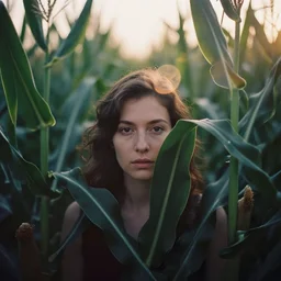 An vintage analog head and shoulder frontal face portrait photography of a woman hiding in a corn maze field leaves by Maxim Nikolaev. Kodak Portra 800 film. shallow depth of field. (Depth of field). whirl bokeh!!. Golden hour. detailed. hq. realistic. warm light. muted colors. dark Mood. Filmic. Dreamy. lens flare. Mamiya 7ii, f/1.2, symmetrical balance, in-frame