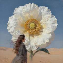 closeup, giant flower head, a girl in desert, surreal photography, wind and cold, dramatic sky, impressionist painting, digital painting, artstation, simon stalenhag